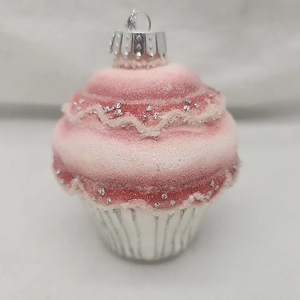 Ornament DEPT 56 Cupcake Glass Christmas Glitter Sparkle Pink White Silver NEW